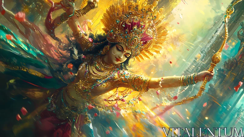 Divine warrior goddess in radiant gold cinematic motion.