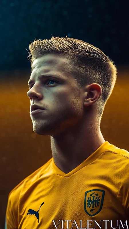 Portrait of focused footballer in yellow kit under cinematic rim lighting