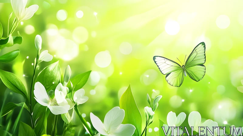 Green butterfly above white flowers in dreamy spring nature scene.