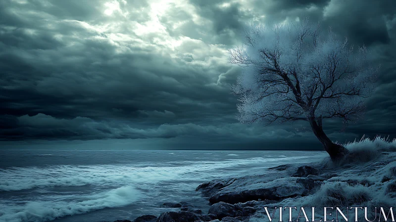Storm-lit coastal tree rendered with cyan-toned atmospheric depth