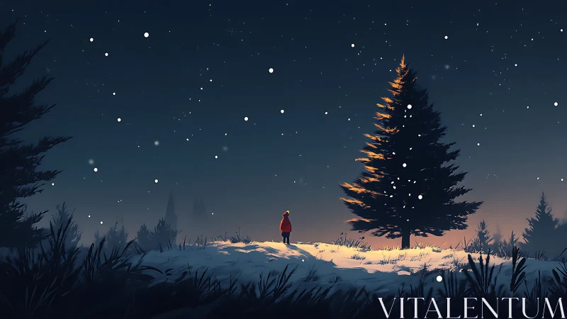 Solitary child under glowing winter pine at dusk.