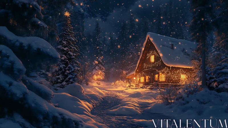 Snowy forest cabin with warm lights on winter night.