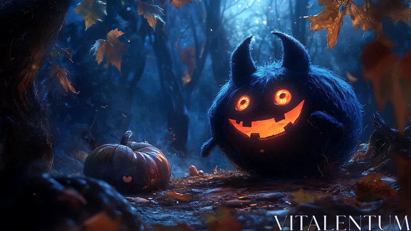 Blue furry pumpkin monster glows in enchanted forest night.