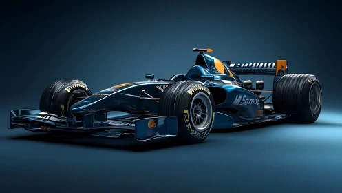 Midnight blue Formula race car in dramatic studio lighting.