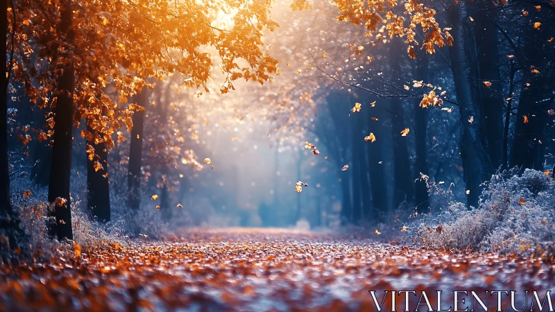 Golden Autumn Canopy: Bokeh-Enhanced Forest Pathway.