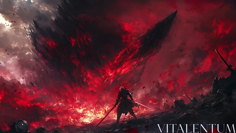 Solitary armored figure under red fractured sky field.