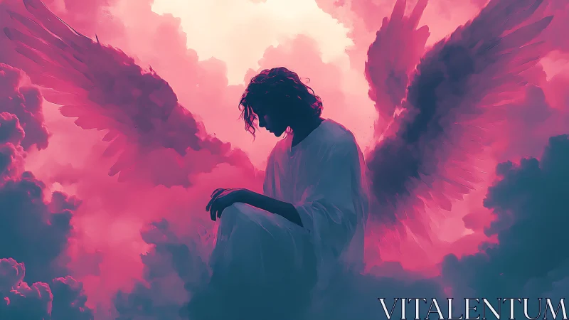 Backlit kneeling angel in magenta cloudscape, wings spread wide