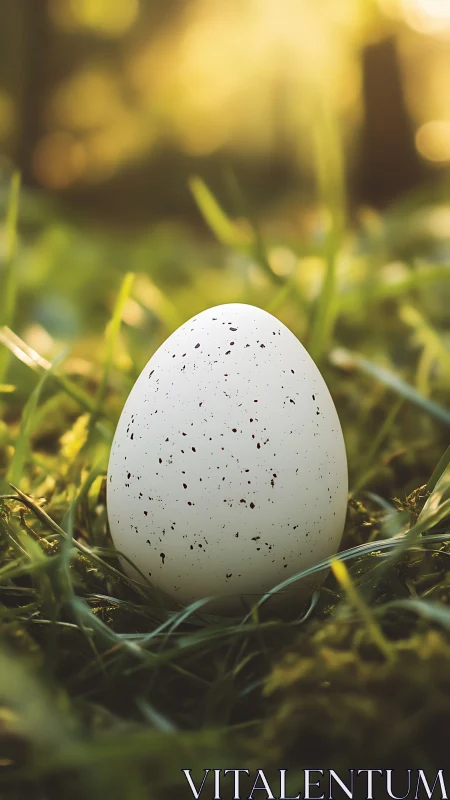 Speckled egg resting on grass in soft forest sunlight.