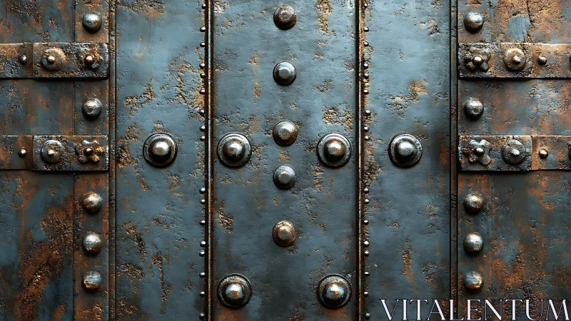 Oxidized riveted steel door surface with corroded patina texture