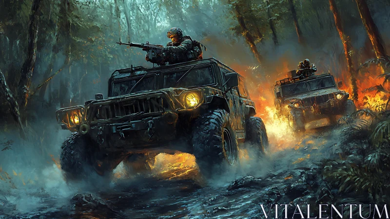 Armored convoy storms burning jungle road under fire