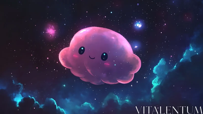 Smiling pink cloud drifts through luminous starry nebula