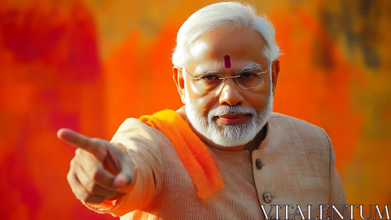 Commanding elder points forward in blazing orange glow.