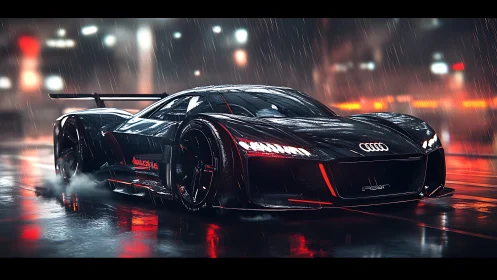 Neonstorm Audi hypercar hunts speed through rain slick streets.