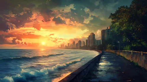 Sunlit shoreline boulevard embraces a glowing dream city.