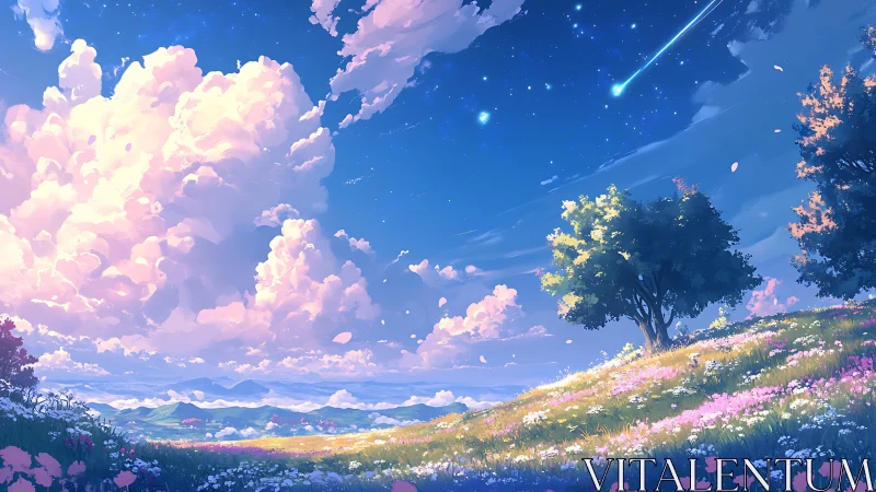 Starlit spring meadow under glowing pastel cloudscape.