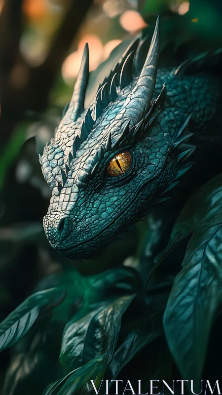 Green scaled dragon head emerging from dense foliage.