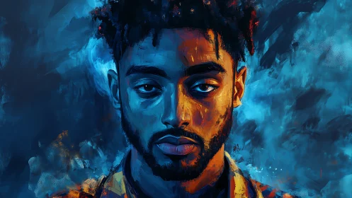 Digital portrait with blue-orange contrast and textured brushwork.