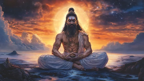 Meditating ascetic figure before luminous ocean horizon.