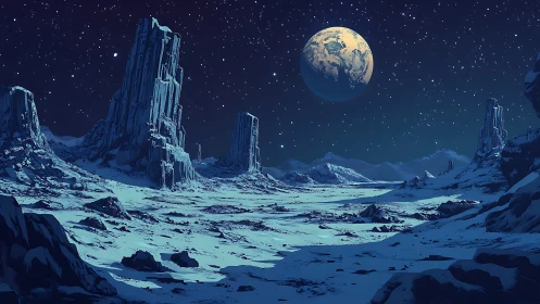 Frozen alien valley dreams beneath a watchful distant world.