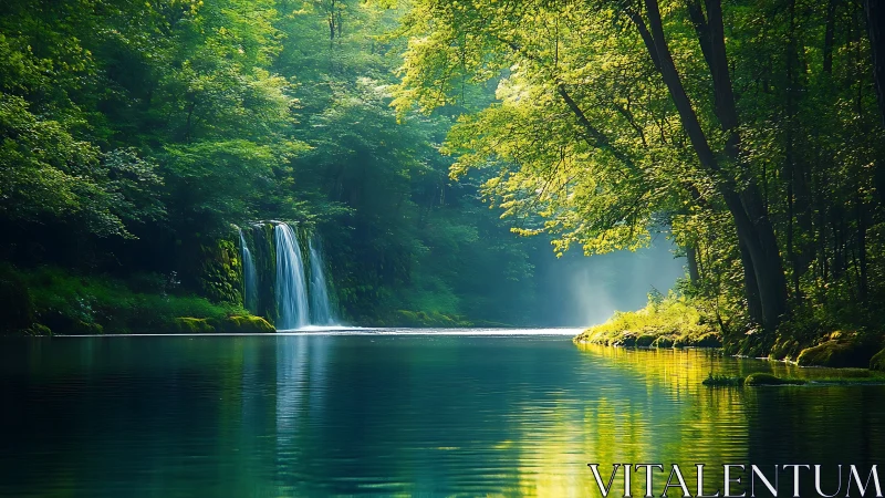 Forest waterfall in calm pool with deciduous canopy overhead.