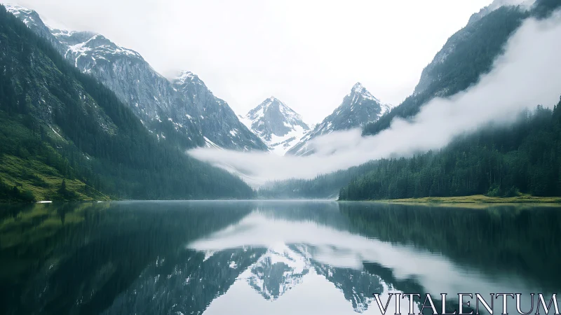Misty alpine lake reflects snow capped mountain peaks