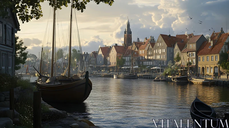 Evening canal harbor with moored wooden sailboats and townhouses