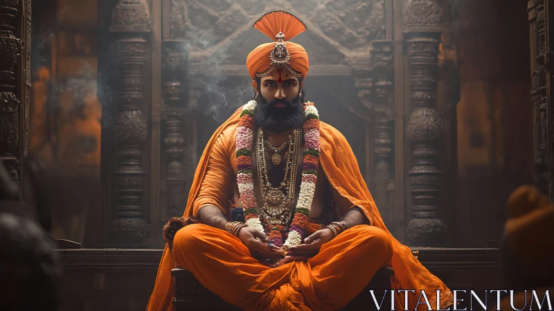 Regal orange robed guru sits in serene temple stillness