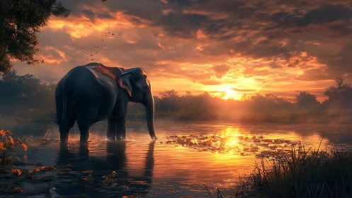 Elephant in volumetric sunset wetland with reflective caustics.