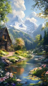 Mountain stream valley with floral foreground and cabin lighting study