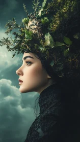 Profile portrait with botanical headpiece against cloudy sky.