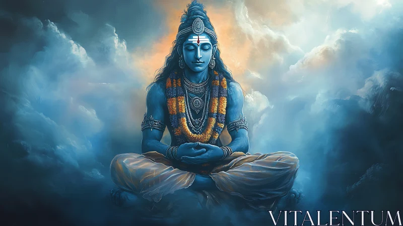 Serene blue deity meditating amid glowing celestial clouds.
