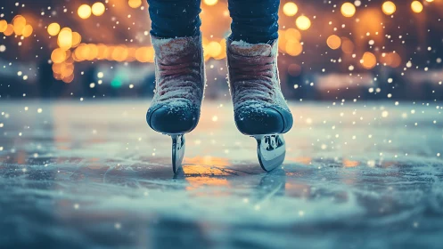 Snow-dusted ice skates gliding across winter rink at dusk.