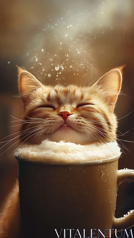 Cozy Cat Relaxing in Warm Coffee with Magical Steam Effects