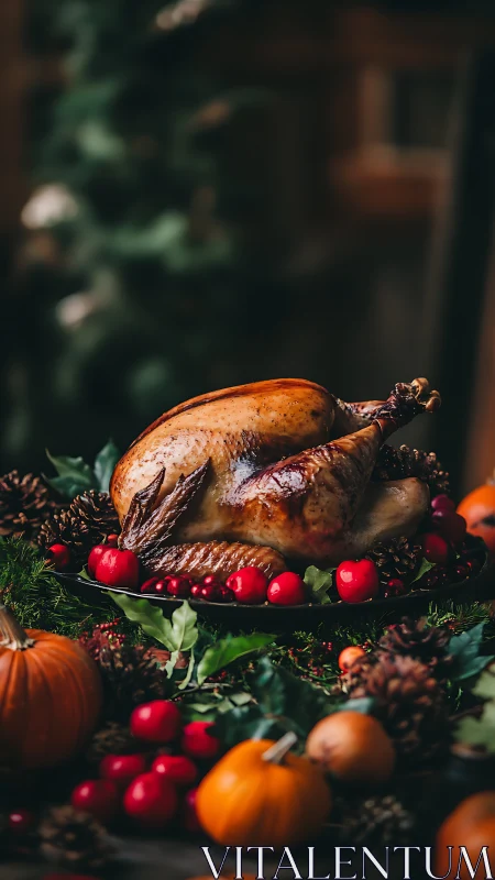 Roasted whole turkey sits on platter with berries and gourds