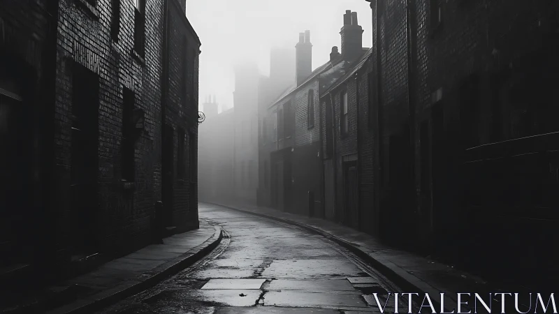Moody cobblestone alley curves quietly into the morning mist
