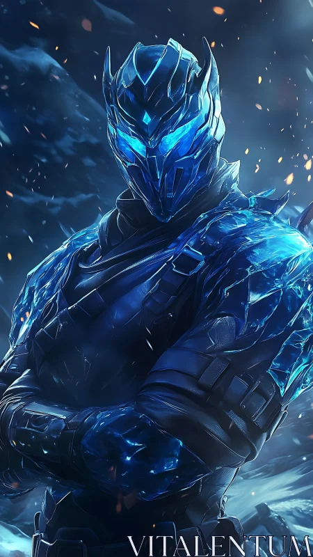 Armored ice warrior stands in glowing frozen battlefield