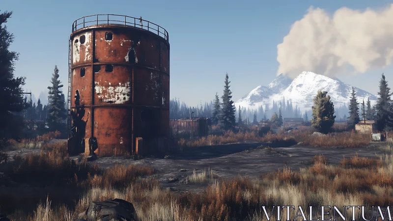 Rust-red fuel tower watching over quiet winter mountains.