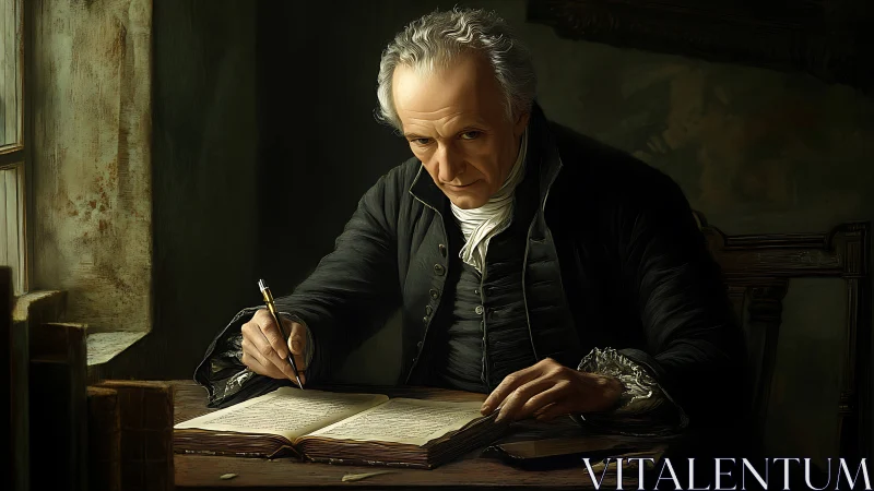 Ink-stained resolve bends time as the stern scribe writes