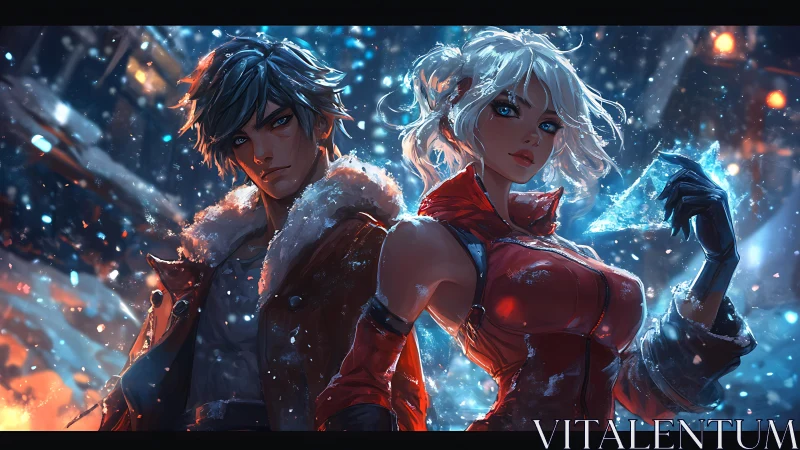 Anime duo in snowy neon city holding shard of ice.