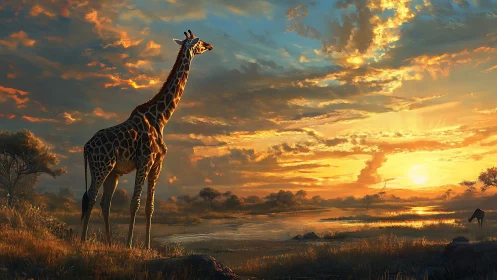 Giraffe standing beside reflective river under sunset sky.