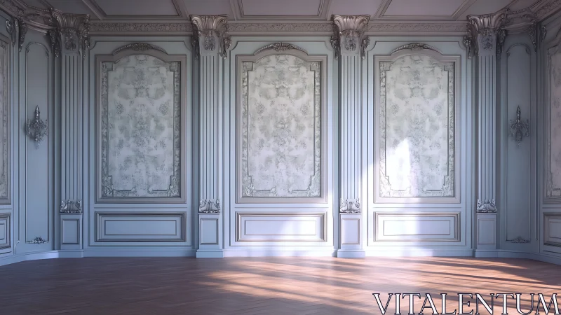 Neoclassical salon interior with ornate wall panels and light.