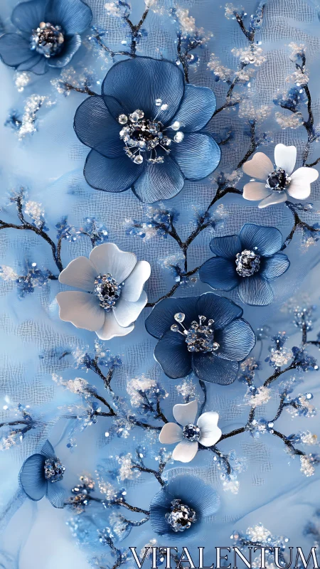 Crystalline Blue Flowers Against Frost-Covered Branches.