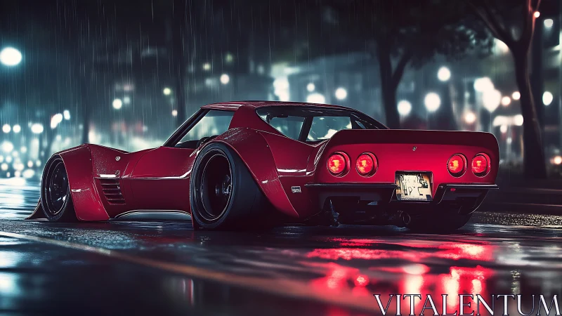 Low-slung red sports car under neon rain-soaked city lights.