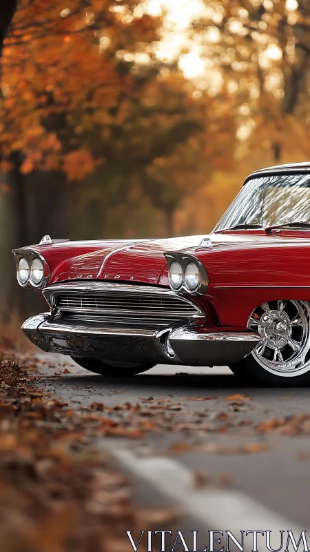 Restored red 1950s coupe front end under soft autumn bokeh