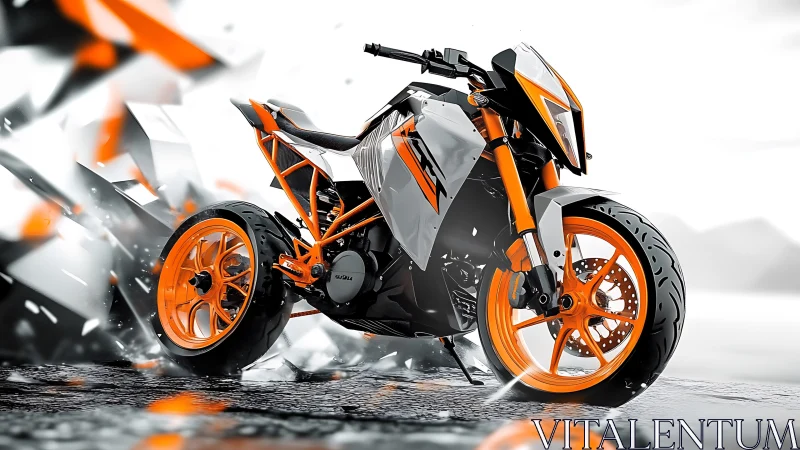 Angular orange street motorcycle rendered with high-contrast HDR lighting