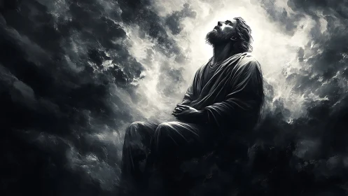 Solitary robed figure seated in clouds under bright light.