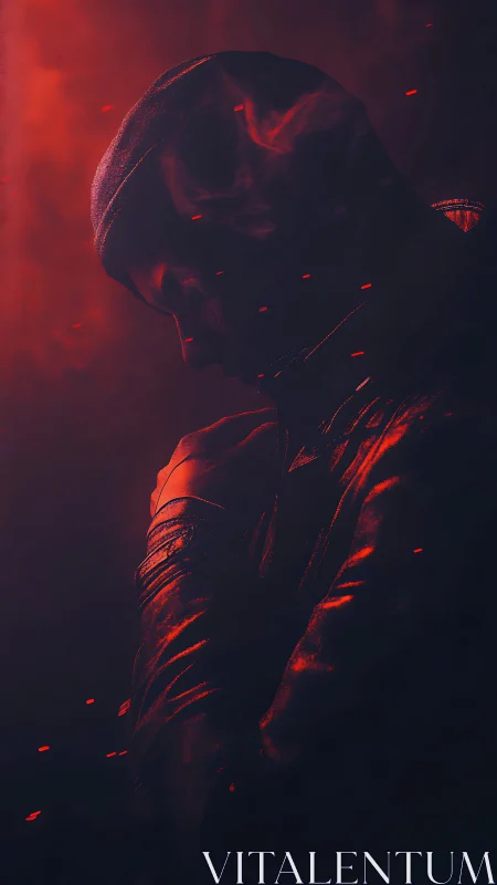 Shadowed drifter leans into embers and bruised red light