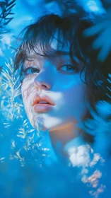 Blue-lit portrait with soft-focus foliage shadows framing face.