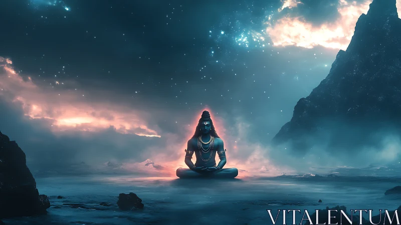 Digital render shows meditating figure in luminous cavern