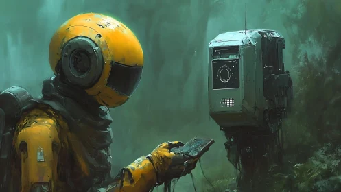 Yellow astronaut with drone in foggy forest environment.